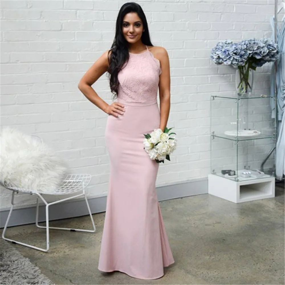 Светло-розовое свадебное платье русалки Кружевной Топ Холтер длиной до пола эластичные атласные Длинные свадебные платья 2019 женское