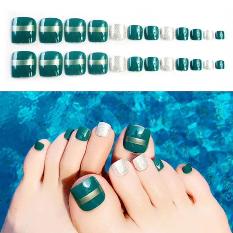 

24Pcs / Set Green Nail Sticker Acrylic Artificial Glue on Fake French False Toe Nails Full Toe Nail Tips