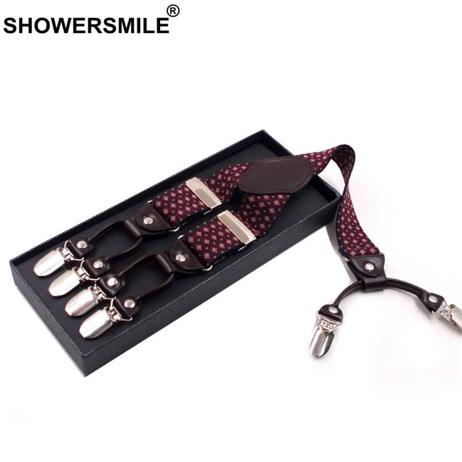 SHOWERSMILE подтяжки Для мужчин 120 см 3,5 см мужские подтяжки Красный Британский Стиль Мода 6 клипы эластичный бренд Для мужчин подтяжки для одежды