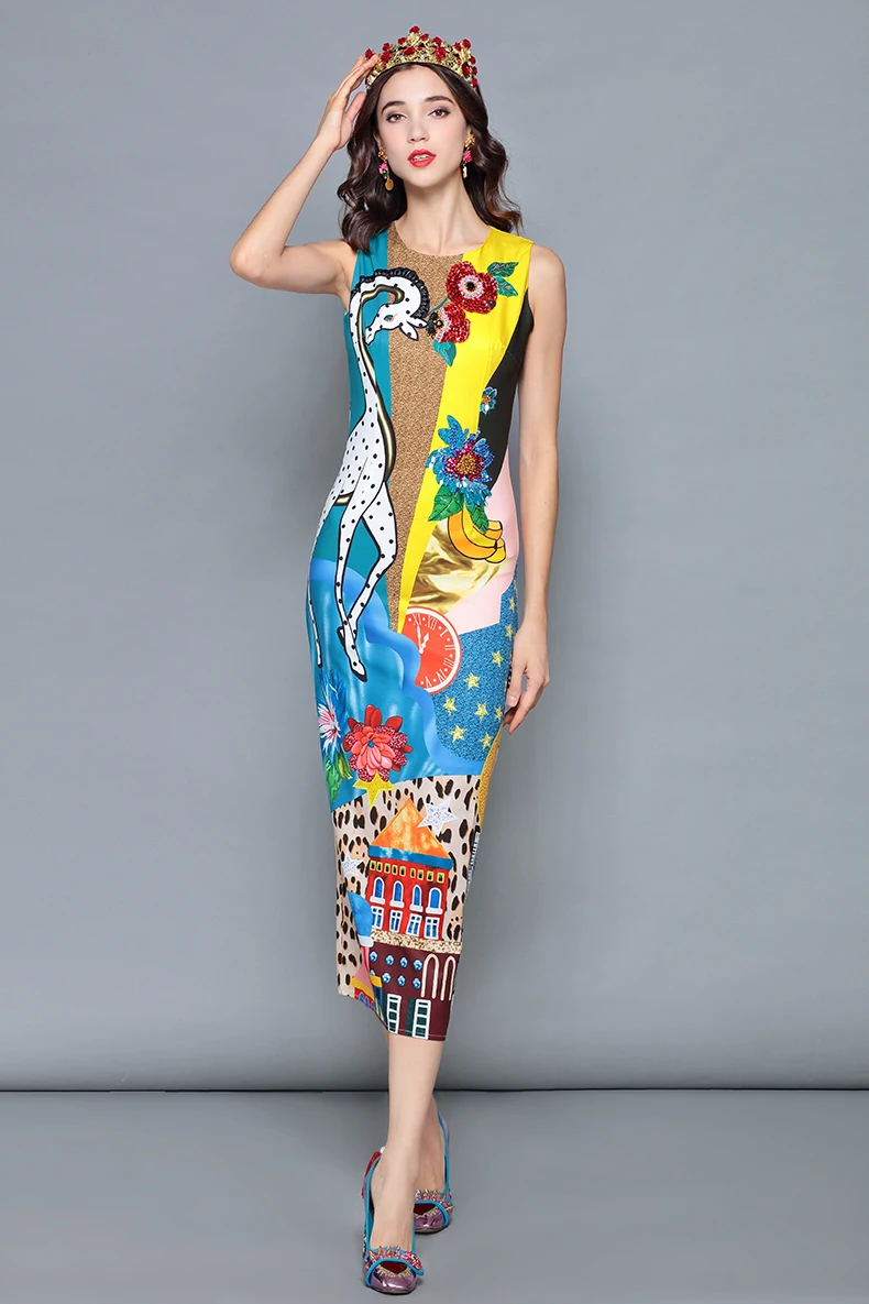 Женское платье-карандаш LD LINDA DELLA, летнее платье без рукавов, повседневное разноцветное платье с принтом и пайетками, платье среднего размера
