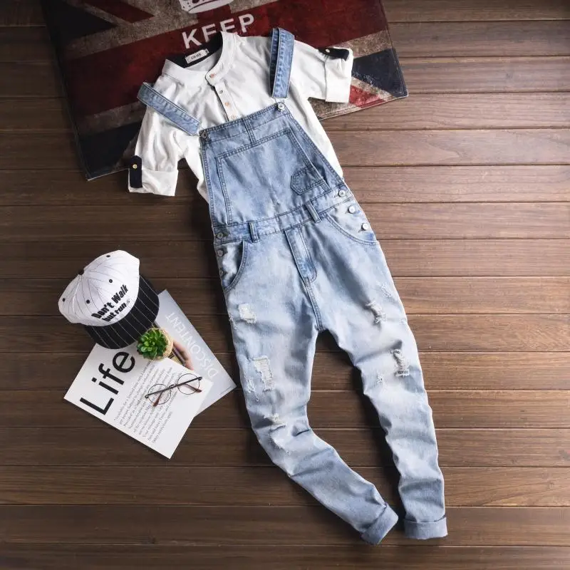 2018 New Male Suspenders New Casual Light Blue Denim Overalls Ripped Jeans Pockets Men's Bib Jeans Boyfriend Jumpsuits Size 6XL