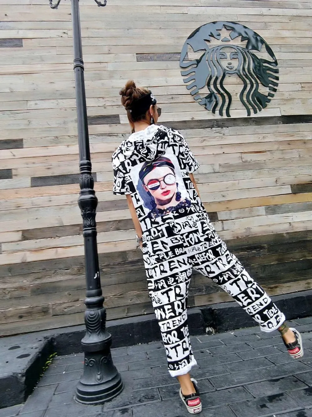 

Women High Street Letter Printed Ankle-Length Pants Hip Hop Design Short Sleeve Jumpsuit Novely Hooded One Piece Overalls
