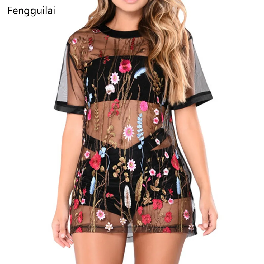 

Women Sexy Embroidery Dress Sexy Transparent Short Sleeve Evening Party Dress Summer Womens Mesh Sheer Vestidos femininos 2019
