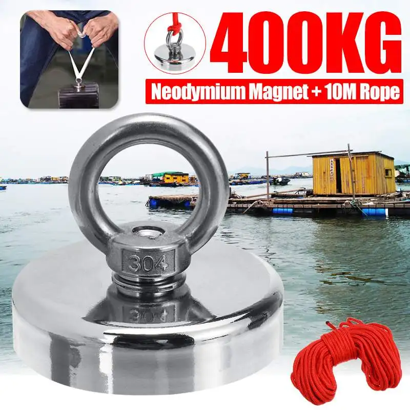 

400Kg Strong Powerful Neodymium Magnet Hook Salvage Magnet River Fishing Equipments Holder Pulling Mounting Pot with 10m Rope
