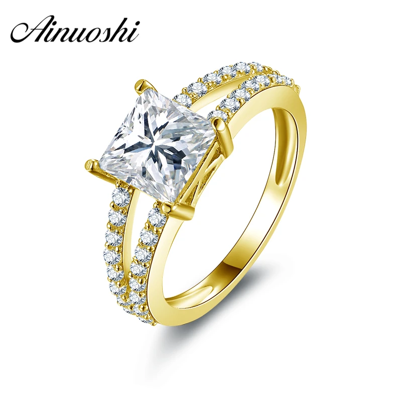 AINUOSHI 10k Solid Yellow Gold Engagement Ring 1.6 Carat Princess Cut Simulated Diamond Pure Gold Jewellry Vintage Wedding Rings