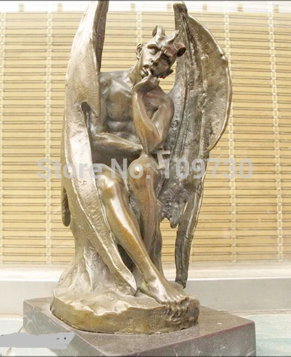 

001194 14" Fallen Angel wing Satan Demons Marble Bronze art Batman Statue