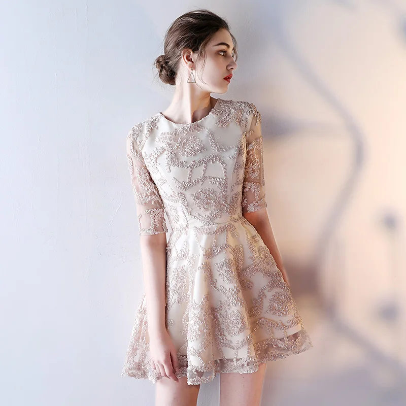 Sweet Nude Color Lace Half Sleeves Cocktail Dress Bride Banquet Party Gown Customized
