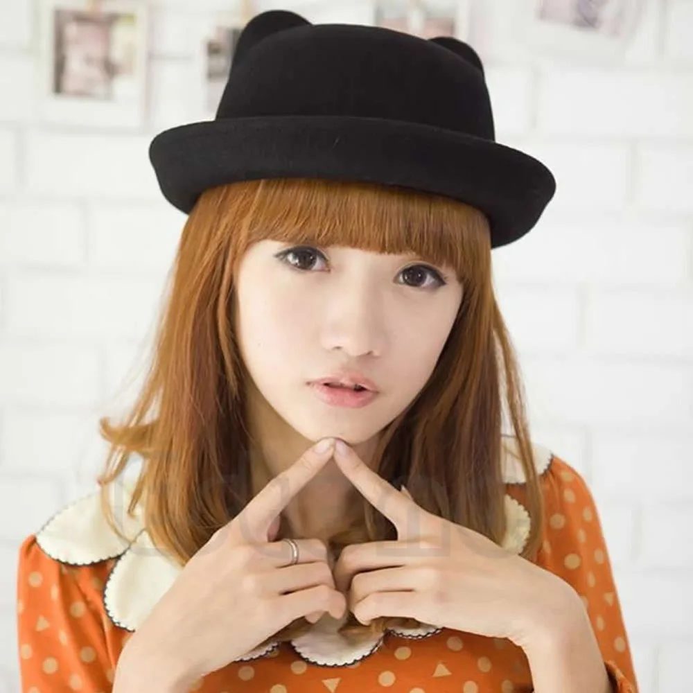 

New Unisex Wool Parent-Child Fedora Bowler Hats Derby Cat Ear Cap