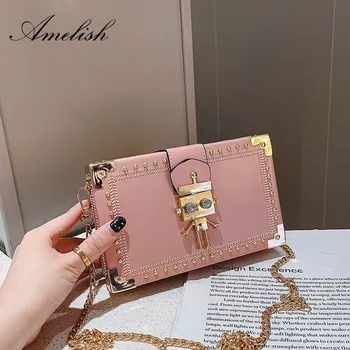 

2019 Solid Color Small Chains Women Box Bags PU Leather Handbags Ladies Clutch Retro Women Messenger Bags Panelled Shoulder Bag