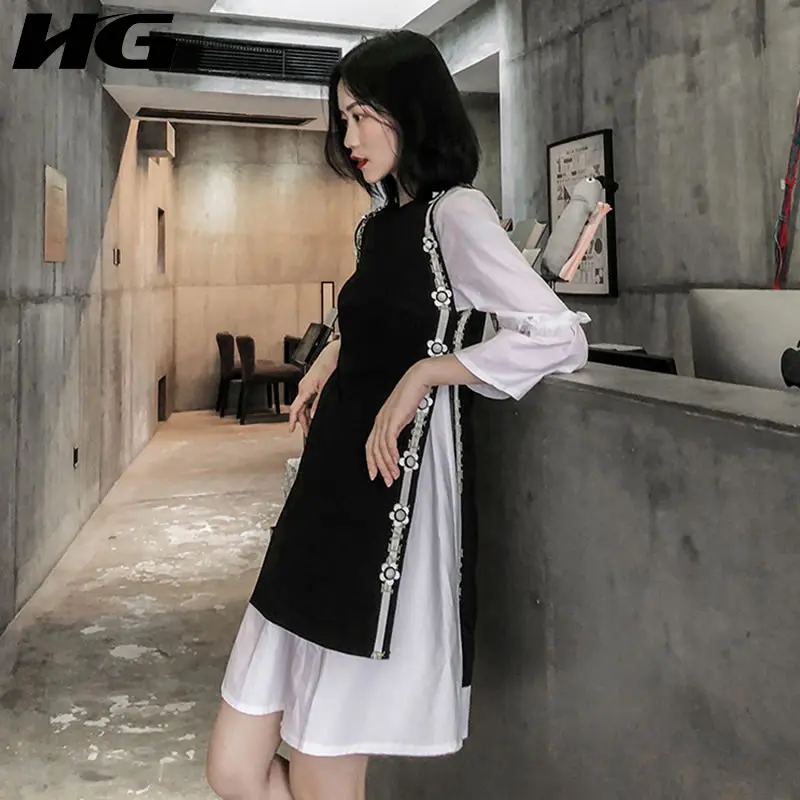 

[HG] Korea Fashion New Women 2019 Spring Summer O-neck Full Sleeve Patchwork Loose Dress Female Above Knee Animal Dress DLL2575
