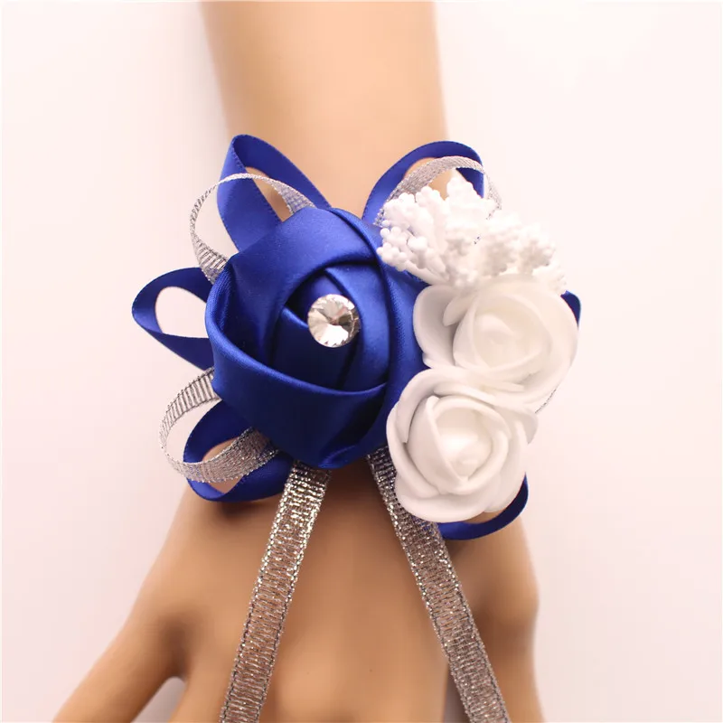 Silk Roses White Wrist Corsage for Bridesmaids - Elegant Floral Bracelet in Pink and Blue for Weddings