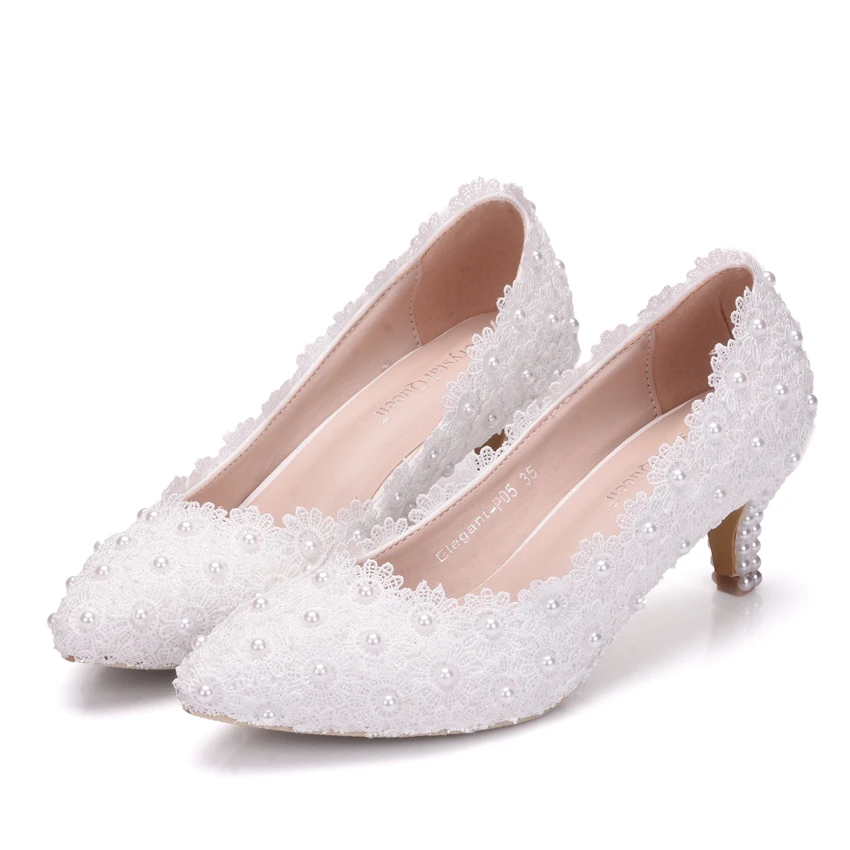 

Spring New Crystal Pearl Lady White Lace Wedding Shoes 6CM Heels Sexy Sweet Princess Party Single Shoes