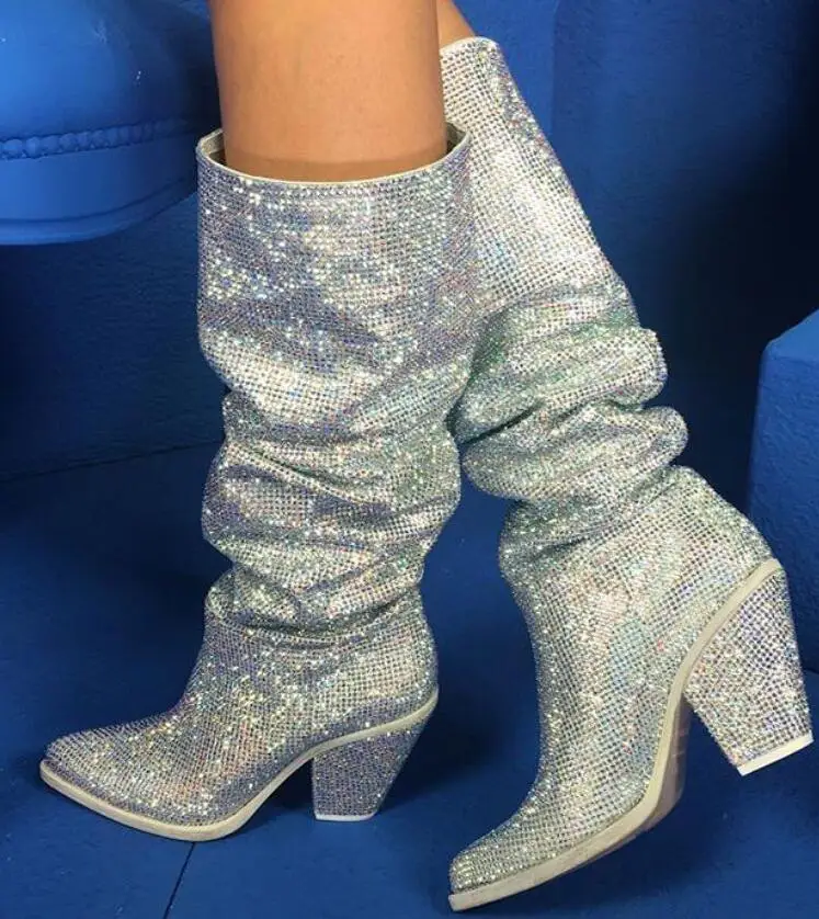 Size41 Lujo Cubierta Knight On Cristal Slip De Mujer Picture Tacón Otoño As Caliente Glitter Grueso Botas Bling Moda 7Zq5xI