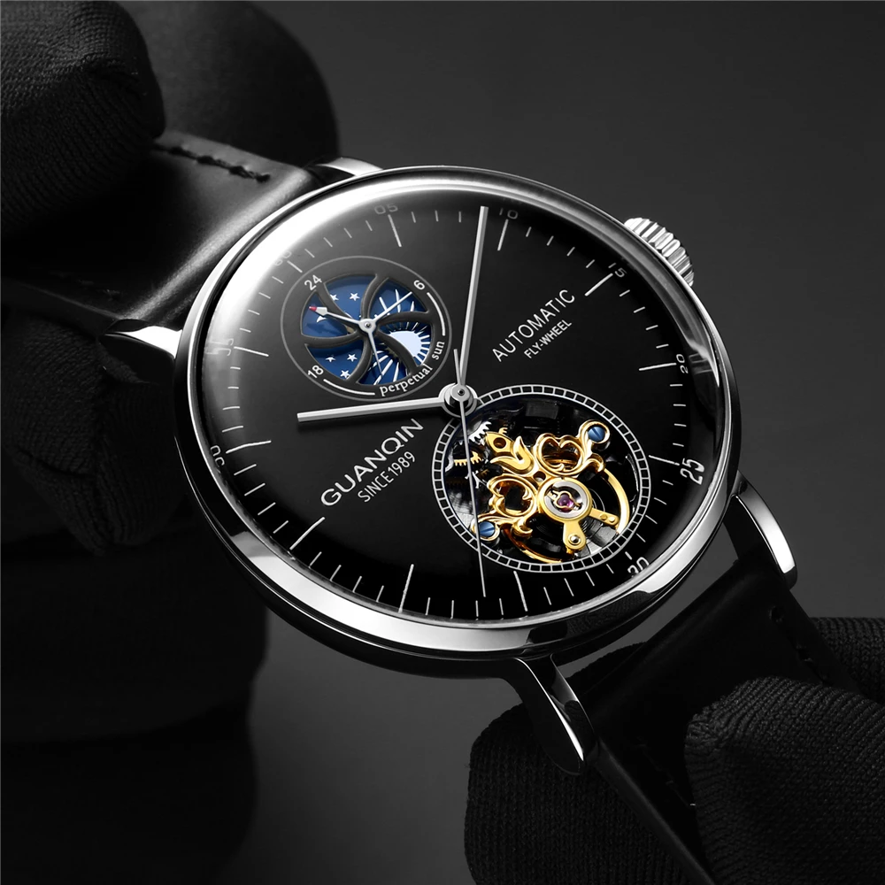Мужские механические Автоматические часы GUANQIN Tourbillon роскошные брендовые