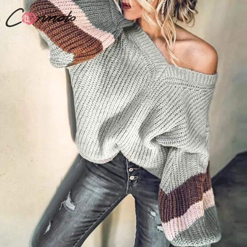 FREE SHIPPING Fashion Striped V Neck Pullover Women Autumn Winter Gray Long Sleeves Sweater Female High Street Loose Mujer Jumper JKP2578