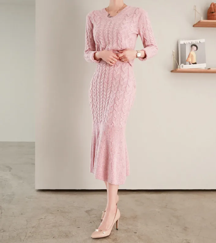 Женский повседневный костюм с юбкой SMTHMA, розовый свитер с V-образным вырезом и юбка-годе с оборками и высокой талией, женский комплект-двойка, осень-зима