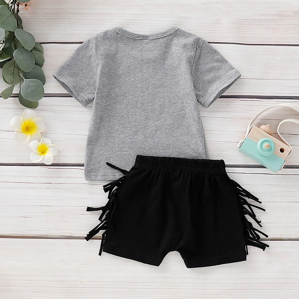 2pcs Baby Boy Clothing Newborn Infant Baby Boy Short Sleeve O-Neck Letter T-shirt Tops Tassel Shorts Outfits Baby Boy Sets