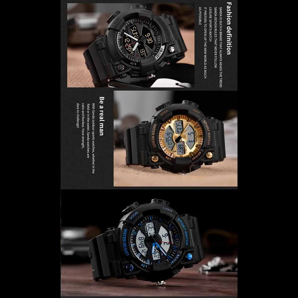 Новые спортивные часы reloj Trend, модные классические мужские часы, светодиодный двойной дисплей, мужские часы relogio Montre Homme relogio, цифровой