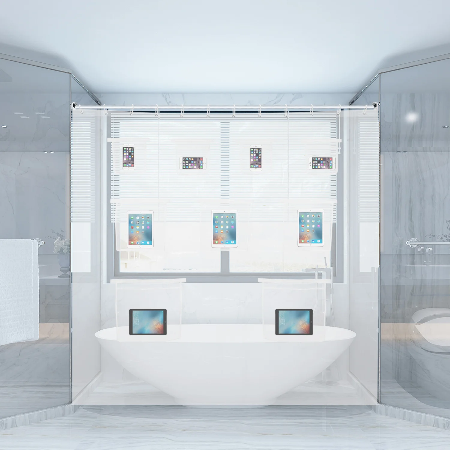 Shower Curtain Phone Tablet Holder Clear Shower Curtain with Pockets