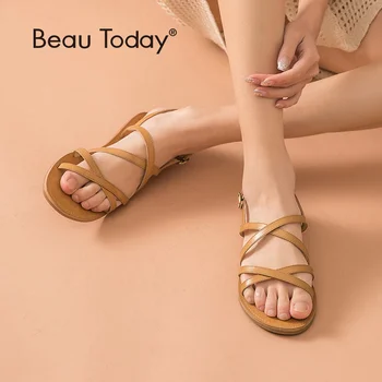 

BeauToday Flat Sandals Women Genuine Cow Leather Buckle Strap Brand New Cross-Tied Rome Summer Ladies Shoes Flat Heel 32132