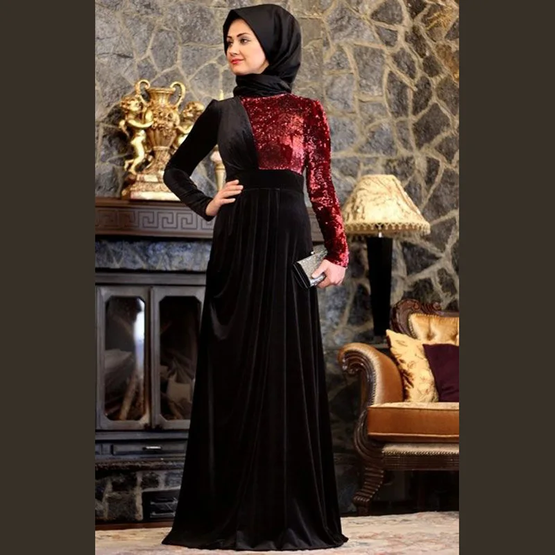 Charming Elegant Long Sleeve Black and Red Velvet Muslim Kaftan Evening