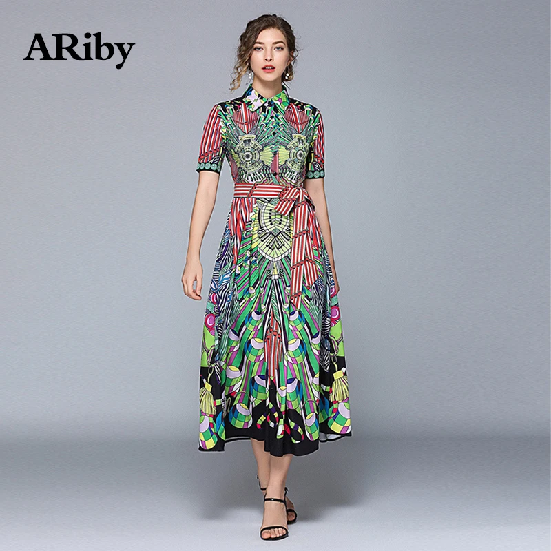 Women Dress Long Party Maxi Turn-down Collar Dress 2019 New Summer Fashion Vintage Elegant Printed Bow Mid-Calf A-Line Dresses