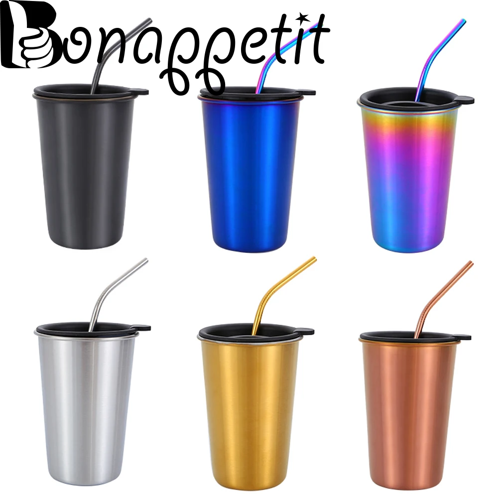 

1PC 500ML Stainless Steel Coffee Mugs Metal Straw Reusable Tumbler Camping Travel Mug Juice Tea Beer Drinking Cups