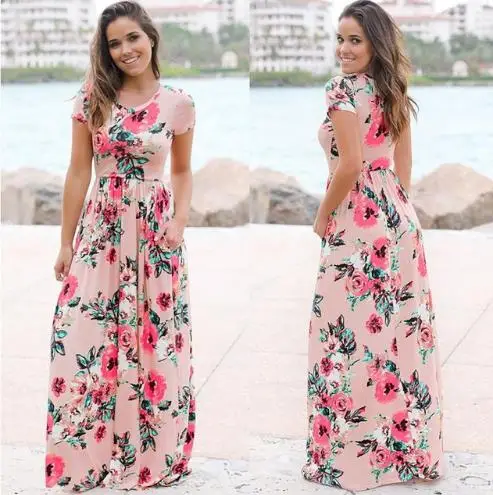 2018 Summer Autumn Long Dress Floral Print  Beach Dress Tunic Maxi Dress Women Evening Party Dress Sundress 