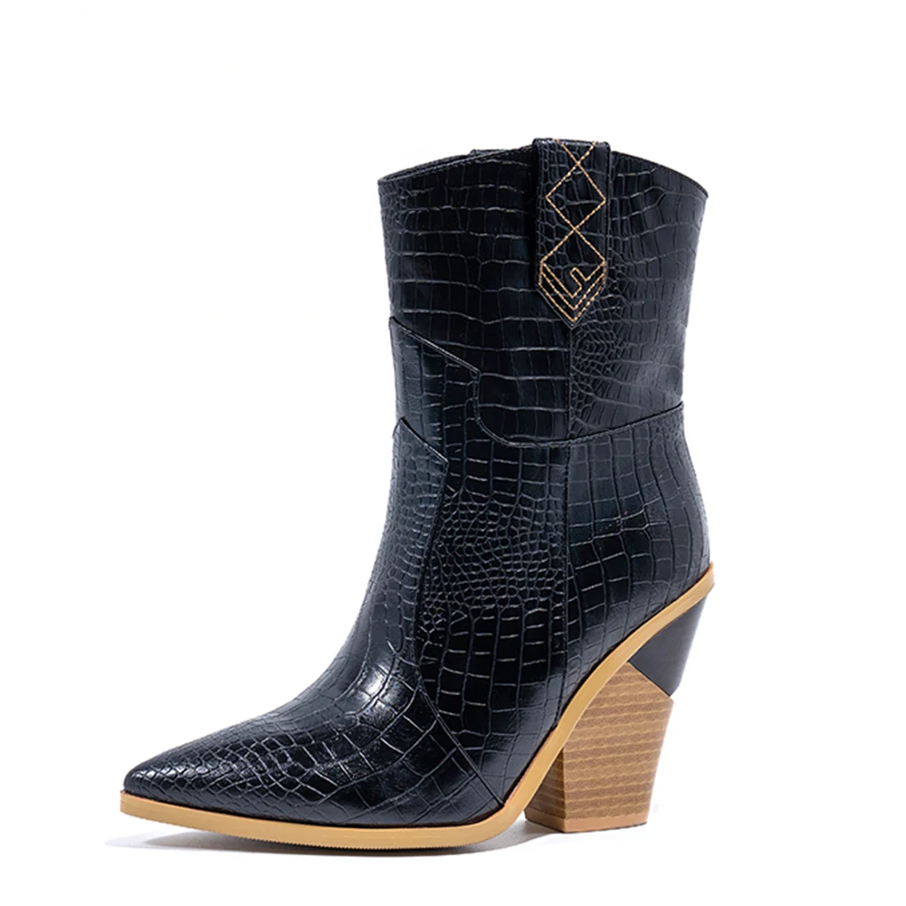 Брендовые Модные Винтажные ботинки до середины икры на высоком каблуке размера плюс 33-46 женская обувь женские вечерние ковбойские ботинки - Цвет: black no fur
