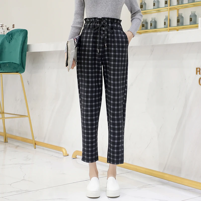 

Vintage Lace Up High Waist Women Plaid Pencil Pant 2018 Autumn OL Style Harem Trousers Female Pant 2018 Good Quality