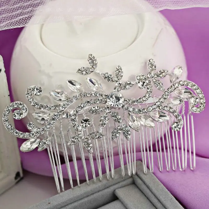

Silver Crystal Flower Bride Headdress Rhinestone Handmade Hair Comb Wedding Hair Accessories