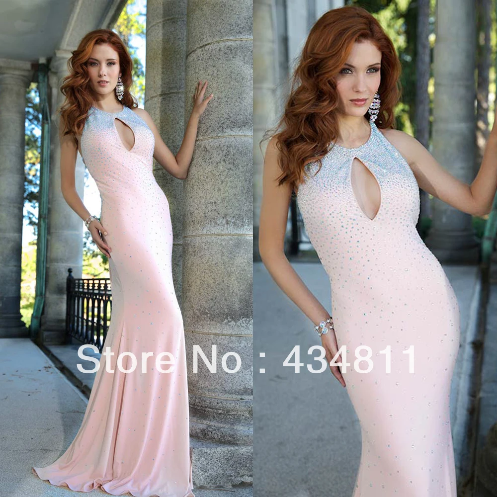 2014 New Crew Neck Center Keyhole Sleeveless Pink Mermaid Beaded Prom Dresses Criss-Cross Back Floor Length Evening Gowns | Свадьбы и