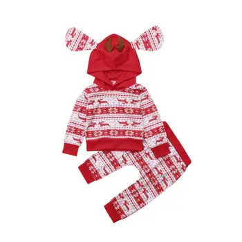 

Infant Kids Boys Girls Christmas Suit Party Costume Toddler Baby Girl Boy 3D Deer Ear Hoodies Top T-shirt+Long Pants Clothes Set