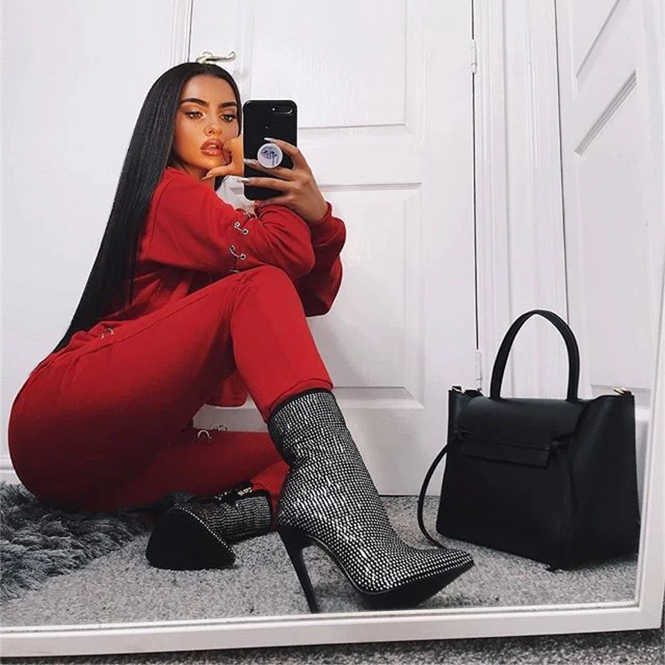 Brillant Stiletto Bottes Chaussures Strass Automne Mode nude Décoratif Chaussons Femmes Printemps De Bout Pointu Sexy Noir hQrtdCs