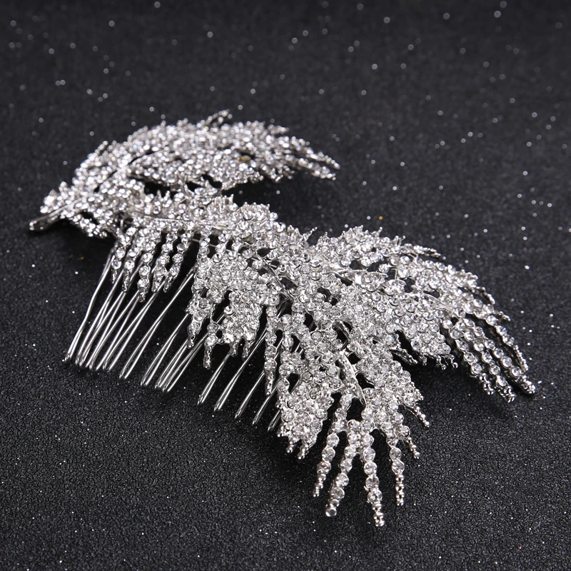 

Feather Style Hair Comb Head Jewelry For Wedding Bride Rhinestone Silver Head Piece For Women and Girl Prom Hair Accessories