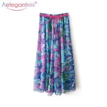 Aelegantmis Винтаж Бохо цветочный принт Летняя Пляжная шифоновая юбка женская Повседневная Шикарная высокая талия длинная богемная юбка женская