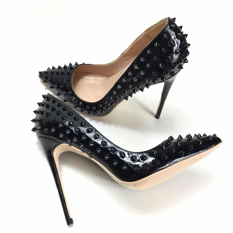 

2018 Matur New women high heels pumps spring shallow Rivet thin heels women pumps slip-on party women shoes pu leather shoes