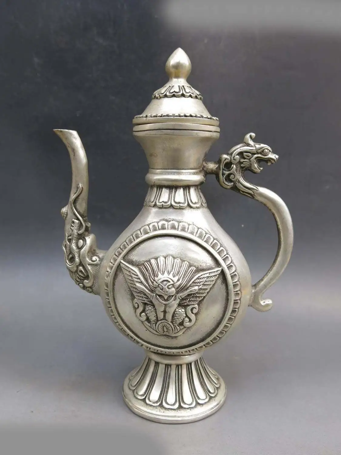 

9" China silver carved buddhism buddha redpoll dragon wine pot flagon Statue
