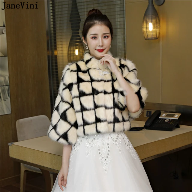 Disc JaneVini Fashion Wedding Cape with Sleeves Bridal Faux Fur Shawls High Neck Women Warm Bolero Cloak Winter Casual Occasion Wrap