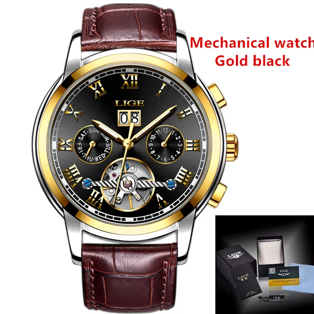 LIGE Роскошные брендовые автоматические механические часы, мужские кожаные водонепроницаемые деловые часы, мужские кварцевые часы, мужские часы - Цвет: leather gold black