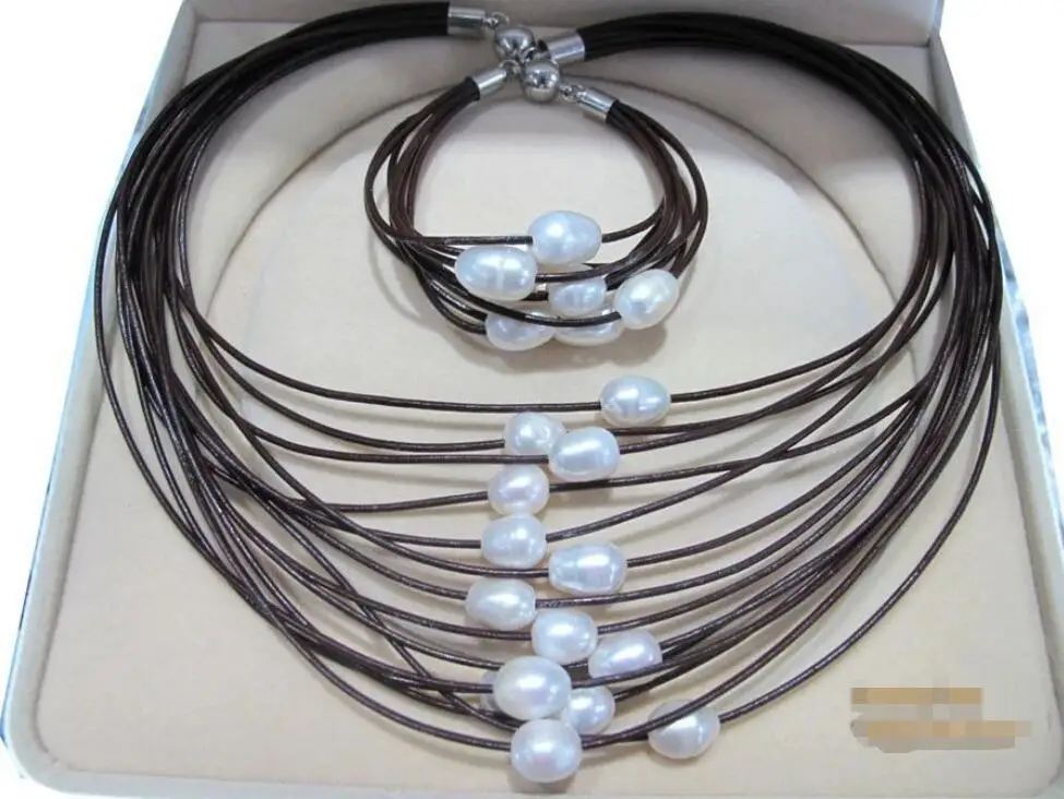 

Free Shipping >>>>> 10-11mm Natural White Fresh Water Pearls With Brown Leather Necklace&Bracelet