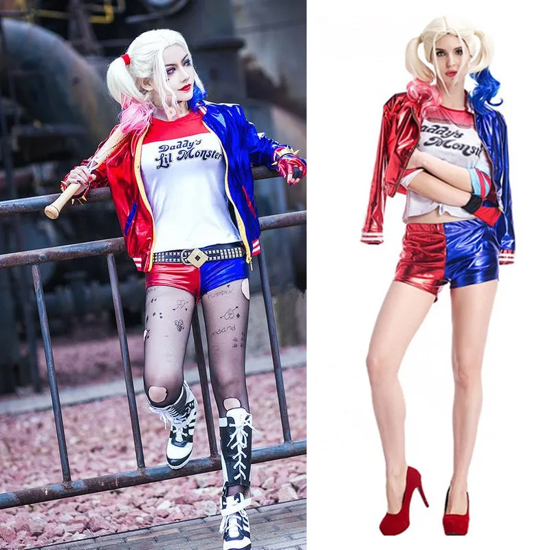 

New Women Girls Harley Quinn T-shirts Top Jacket With Wig Costume Suicide Squad cosplay Christmas New Year Purim Costumes