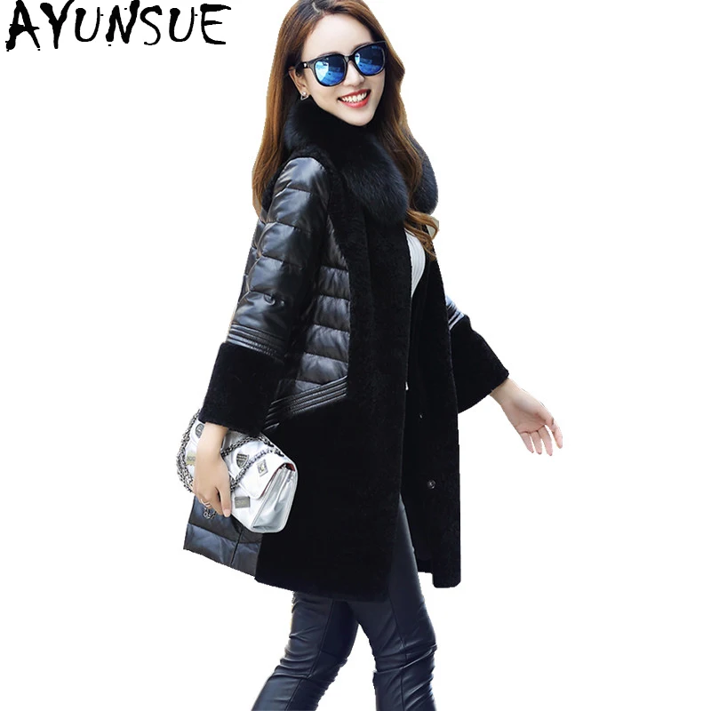 

AYUNSUE 2019 Winter Genuine Leather Down Jacket Women Natural Fox Fur Collar Warm Real Wool Coat Female Plus Size 5XL 1603_3