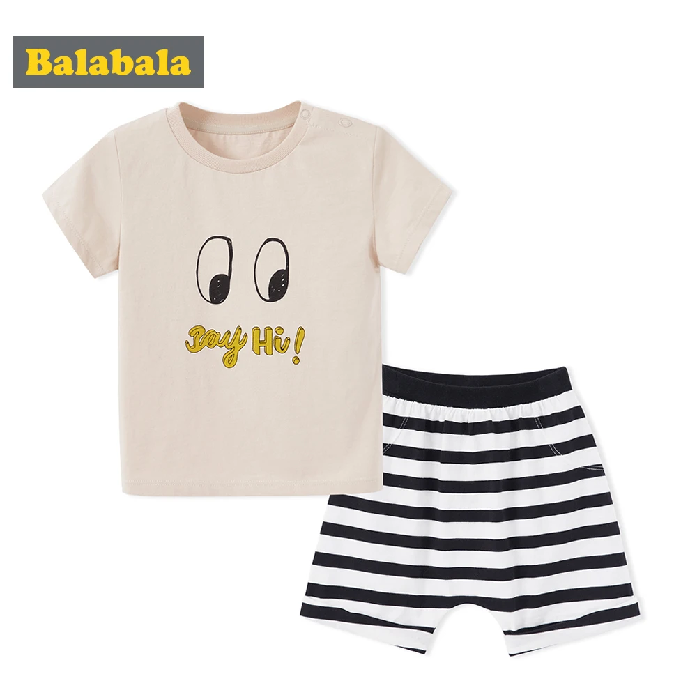 

Balabala Babys 2-Piece Graphic Short Sleeve T-shirt Open Shoulder + Striped Pull-on Shorts Infant Newborn Baby Outfits Gifts