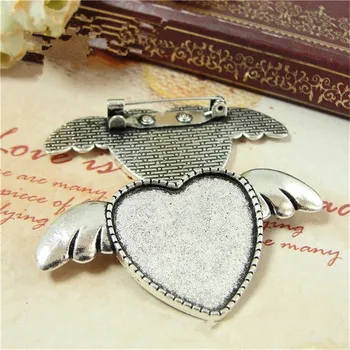 

20 PCS To Fit 25mm Round Cabochon Antique Silver Color Vintage Alloy Wings Of Love Blank Brooch Tray Settings hm1200