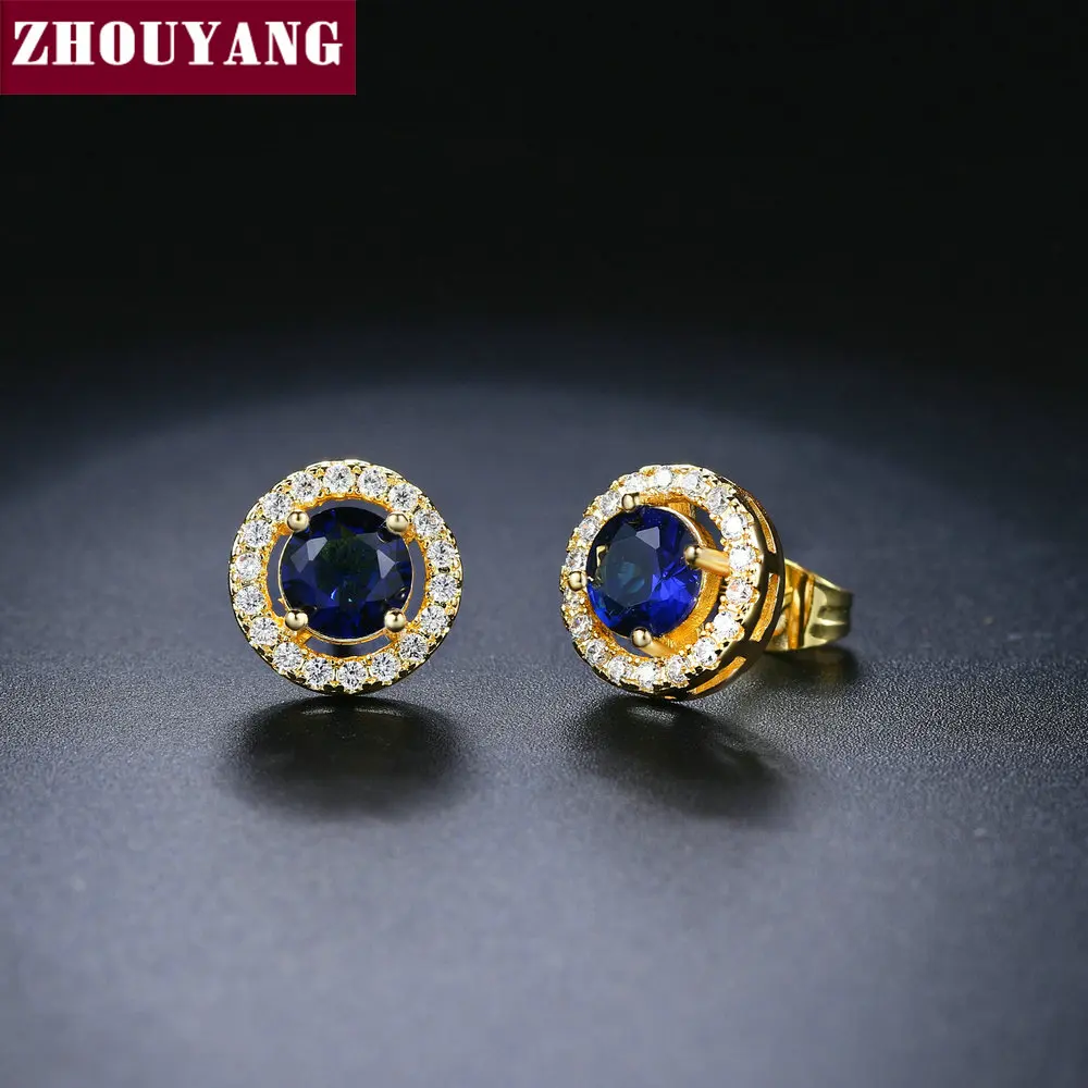 Серьги-гвоздики серебряного цвета в форме сердец и стрел, 0,75 карат, кубический цирконий, серебряные серьги, свадебные серьги для женщин ZYE836 - Окраска металла: YellowGold Blue