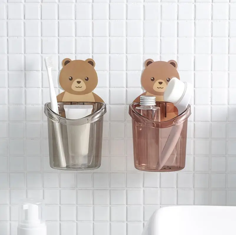 Perforation-Free Creative Cup Rack Wall-Mounted Bear Toothbrush Cup Rack Cartoon Mouthwash Cup Cleaning Stuff ABS Rack Holder