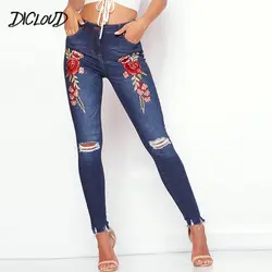 DICLODU Мода Осень отверстие джинсы с вышивкой Женские 2018 пикантные узкие брюки карандаш дамы цвет: черный, синий Высокая талия Джинс