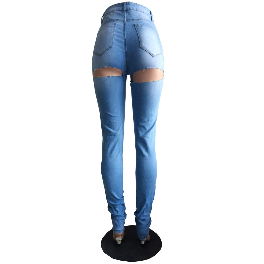 TCJULY Стильные Джинсовые штаны с дырками сзади, Выбеленные рваные узкие джинсы, уличная одежда, повседневные женские рваные джинсы с эффектом пуш-ап - Цвет: Blue