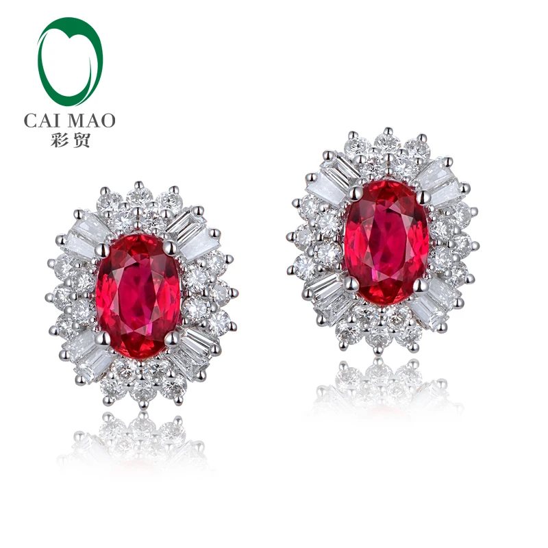Caimao 1.18ct Red Ruby Earrings with 0.62ct H SI Diamond 14kt White Gold Exquisite Studs